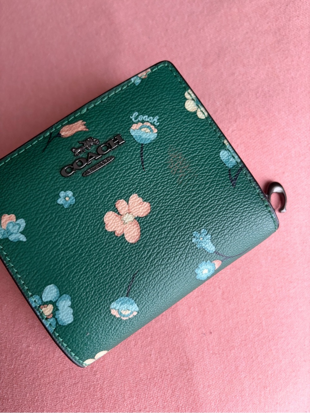 Coach Green Floral Leather Zip Wallet with Pastel Blooms